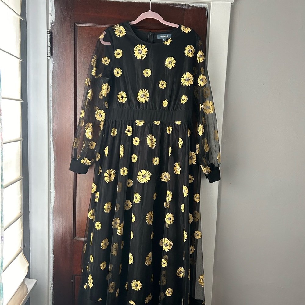 Modcloth Black and Yellow Pleated Sundress with Bishop Sleeves